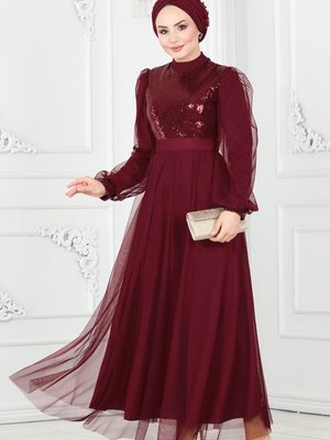 Bordo Pul Payetli Tül Abiye Elbise Bordo Pul Payetli Tül Abiye Elbise