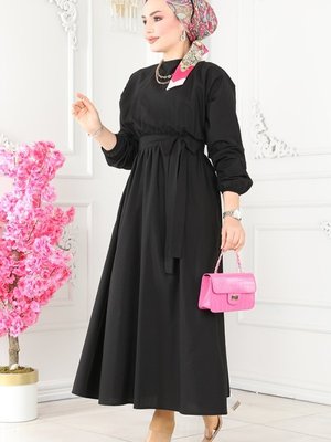 Siyah Beli Lastikli Terikoton Elbise