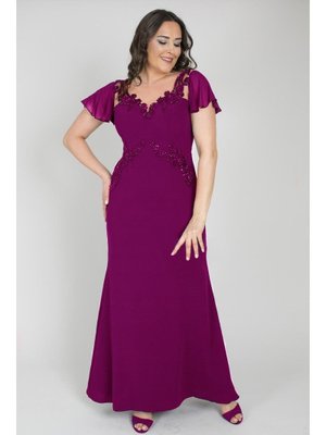 Büyük Beden Mürdüm Uzun Abiye Elbise