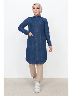 Mavi Boydan Düğmeli Cepli Kot Tunik