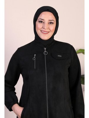 Siyah Kadin Buyuk Beden Süet Uzun Pardesü Tesettur Tam Boy Pardesu