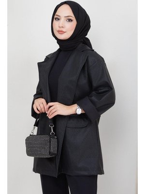 Siyah Sim Görünümlü Suni Deri Ceket Siyah Sim Görünümlü Suni Deri Ceket