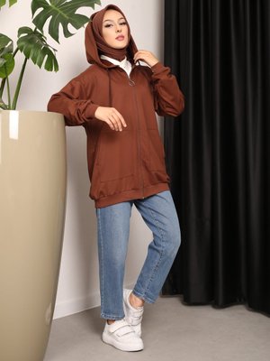 Kahverengi Kanguru Cepli Fermuarlı Hırka Kahverengi Kanguru Cepli Fermuarlı Hırka