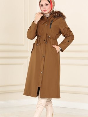 Taba Kapşonu Kürklü Bondit Trençkot Taba Kapşonu Kürklü Bondit Trençkot