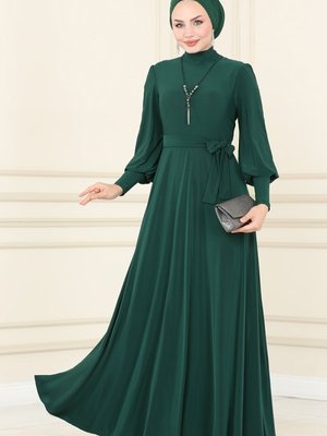 Zümrüt Balon Kollu Sandy Elbise