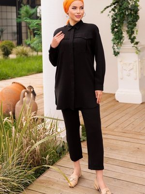 Siyah Sual Cep Detaylı Tensel Takım Siyah Sual Cep Detaylı Tensel Takım