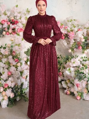 Bordo Sual Kemerli Pul Payet Abiye Elbise Bordo Sual Kemerli Pul Payet Abiye Elbise