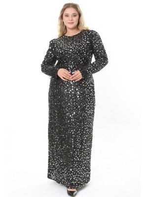 Gümüş Büyük Beden Siyah Uzun Abiye Elbise