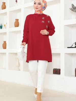 Bordo İnci Detaylı Bürümcük Tunik Bordo İnci Detaylı Bürümcük Tunik