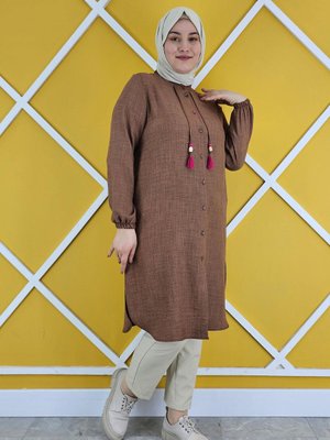 Kadın Düğme Ve Püskül Detaylı Keten Tesettür Gömlek