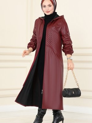 Bordo Yakası Bağcıklı Deri Kap Bordo Yakası Bağcıklı Deri Kap
