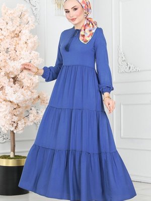 İndigo Yakası Bağlamalı Viskon Elbise