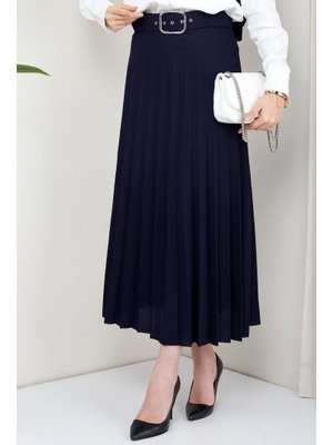 Lacivert Kemerli Piliseli Etek