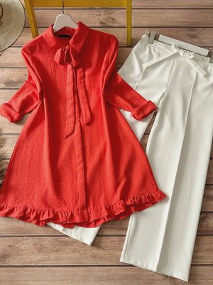 Kombin Fırfır Detaylı Tunik Ve Pantolon Turuncu