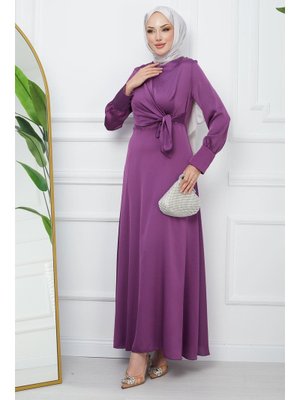 Lila Bağlamalı Saten Abiye Elbise