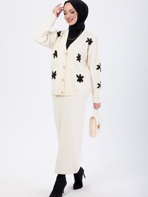 Krem Etek Hırka Triko İkili Takım