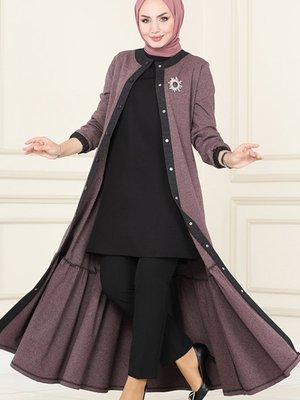 Koyu Gül Kurusu Eteği Fırfırlı Kışlık Elbise & Ferace