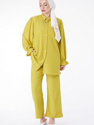 Düz Gömlek Yaka Yağ Yeşili Kol Ağzı Fırfırlı İkili Takım
