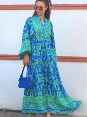 Prive Pera Yeşil Mavi Katleya Elbise