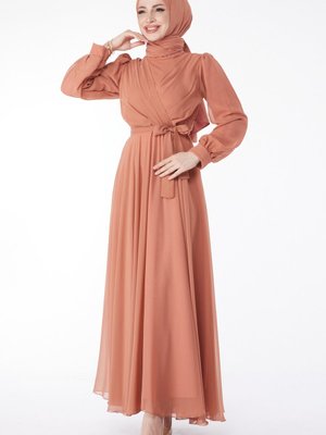 Somon Kruvaze Yaka Kuşaklı Abiye Elbise Somon Kruvaze Yaka Kuşaklı Abiye Elbise