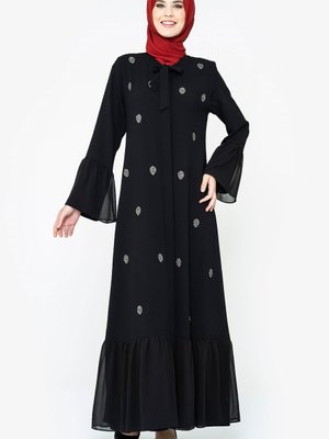 Ebabil Düğmeli Taşlı Siyah Ferace