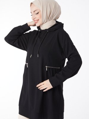 Düz Kapüşonlu Yaka Siyah Cep Fermuar Detaylı Tunik