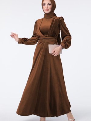 Kahve Balon Kol Beli Kuşaklı Kadife Abiye Elbise