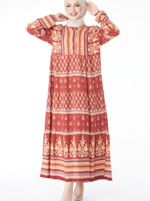 Düz Hakim Yaka Kiremit Desenli Düğmeli Elbise Düz Hakim Yaka Kiremit Desenli Düğmeli Elbise