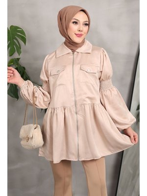 Bej Kol Detaylı Süet Ceket