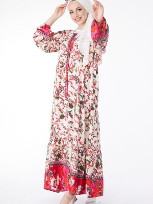 Fusya Düğmeli Desenli Elbise Fusya Düğmeli Desenli Elbise