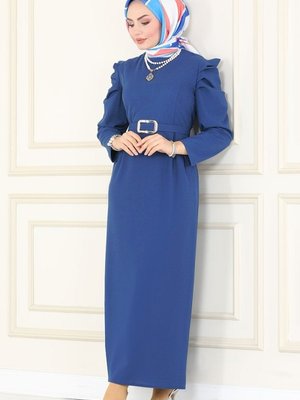 İndigo Omuzu Fırfırlı Krep Elbise