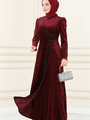 Bordo İnci İşlemeli Kadife Abiye Bordo İnci İşlemeli Kadife Abiye