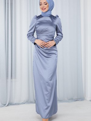 Indıgo Drape Detaylı Saten Abiye Elbise