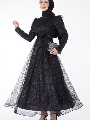 Düz Hakim Yaka Siyah Işıltılı Simli Abiye Elbise