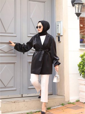 Organze Saten Modeli ( Owersize Geniş Modeldir Ceket Boyu :75cm) Siyah