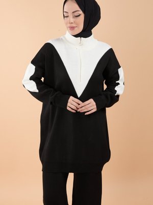 Sıyah Yakası Fermuarlı Triko Takım