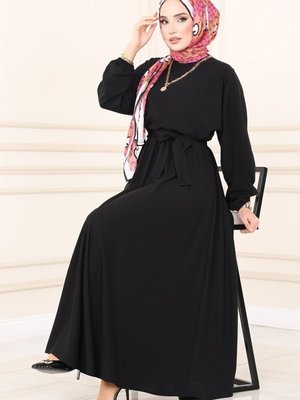 Siyah Beli Lastikli Scuba Elbise