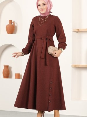 Tarçın Düğme Detaylı Kışlık Elbise