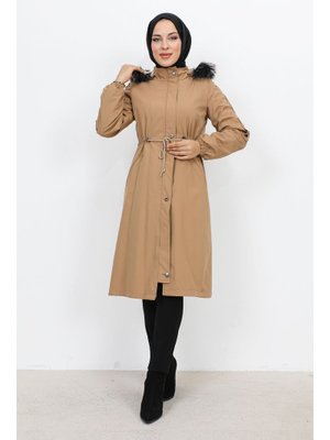 Camel Astarı Peluşlu Ara Boy Bondit Mont