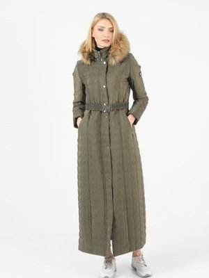 Haki Yeşil Kare Desenli Tam Boy Kapitone Kaban Mont