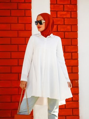 Önden Düğmeli Gömlek Tunik Beyaz