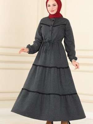 Antrasit Dantel Detaylı Kışlık Elbise Antrasit Dantel Detaylı Kışlık Elbise