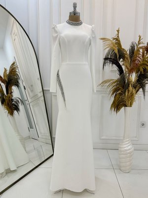 Beyaz Rosa Abiye Elbise