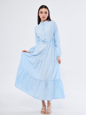 Önden Düğmeli Hakim Yaka Katlı Elbise