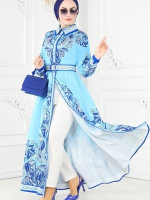 Mavi Desenli Atlas Elbise