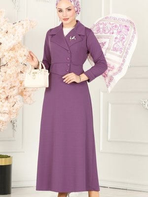 Koyu Lila Düğme Detaylı Şık Elbise