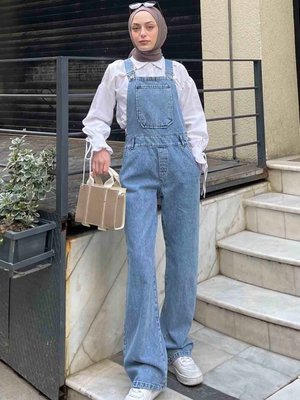 Dekoratif Cep Detaylı Kot Tulum