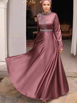 Gül Kurusu Sual Taş İşlemeli Saten Abiye Elbise