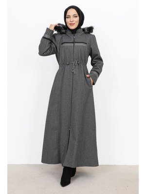 Füme Deri Detaylı Boydan Fermuarlı Kaşe Kaban Füme Deri Detaylı Boydan Fermuarlı Kaşe Kaban