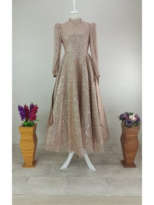 Önü Boydan Pul Taş İşlemeli Kol Ucu Kurdeleli Midi Boy Tasarım Qys Abiye Elbise #2